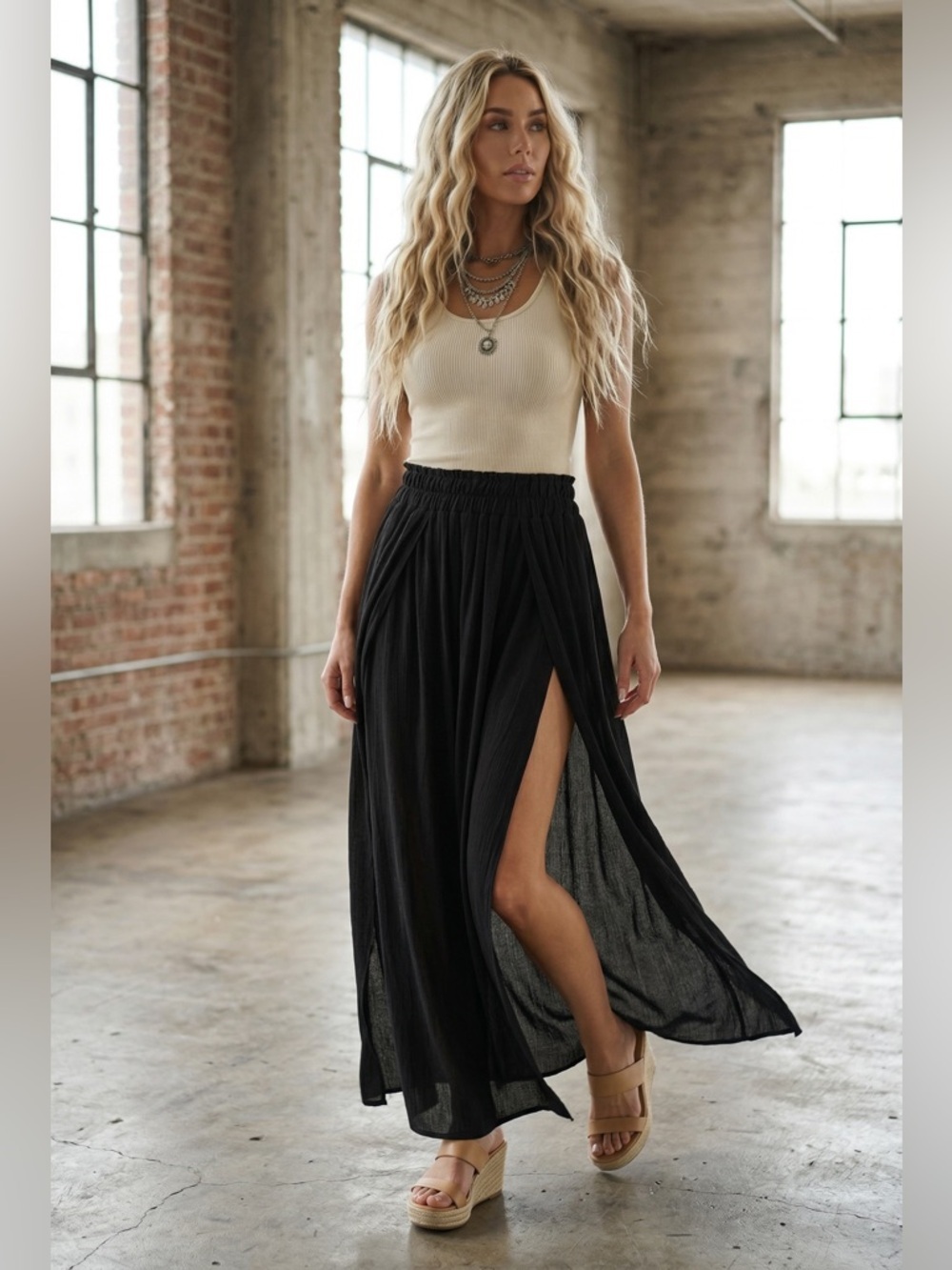 NWT High Double Slit Gauze Crinkle Maxi Skirt Black - Picture 3 of 5